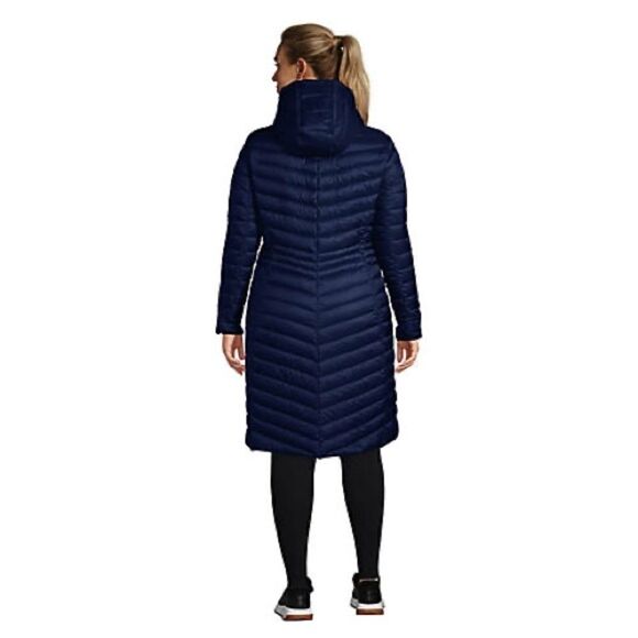 Land’s End Ultralight 800 down hood quilted zip long packable coat Navy Small - Picture 2 of 13